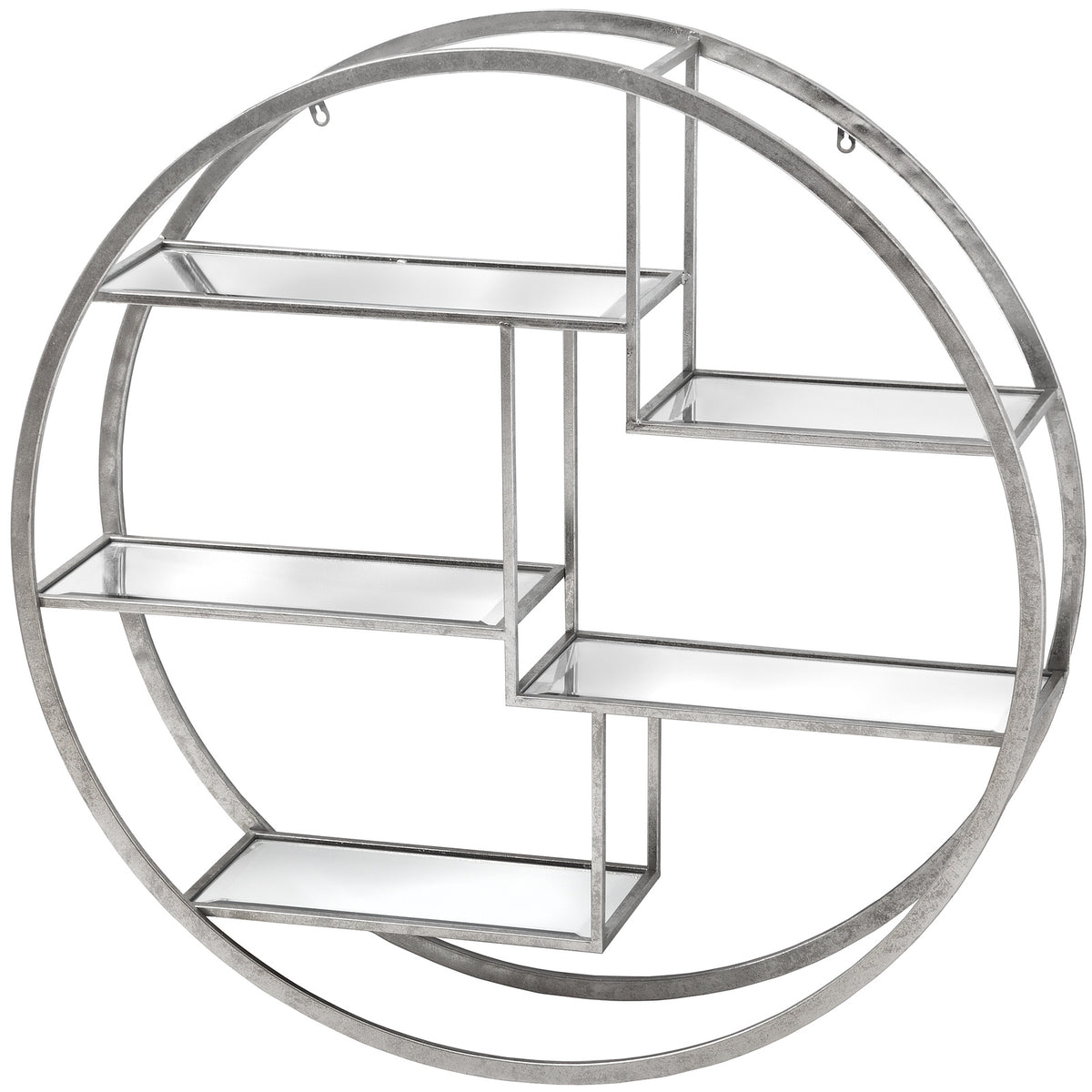 Angled view showing the wall shelf unit's double-ring frame, rectangular mirrored shelf surfaces and mottled silver-toned finish.