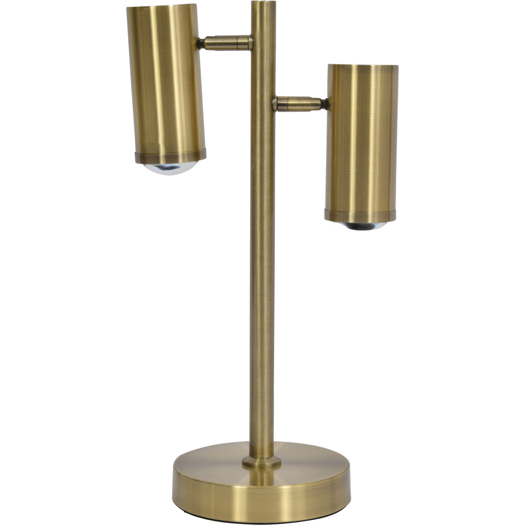 Offset Twin Desk Lamp with two cylindrical heads at different heights, visible lenses and a round base.