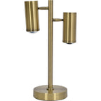 Offset Twin Desk Lamp with two cylindrical heads at different heights, visible lenses and a round base.