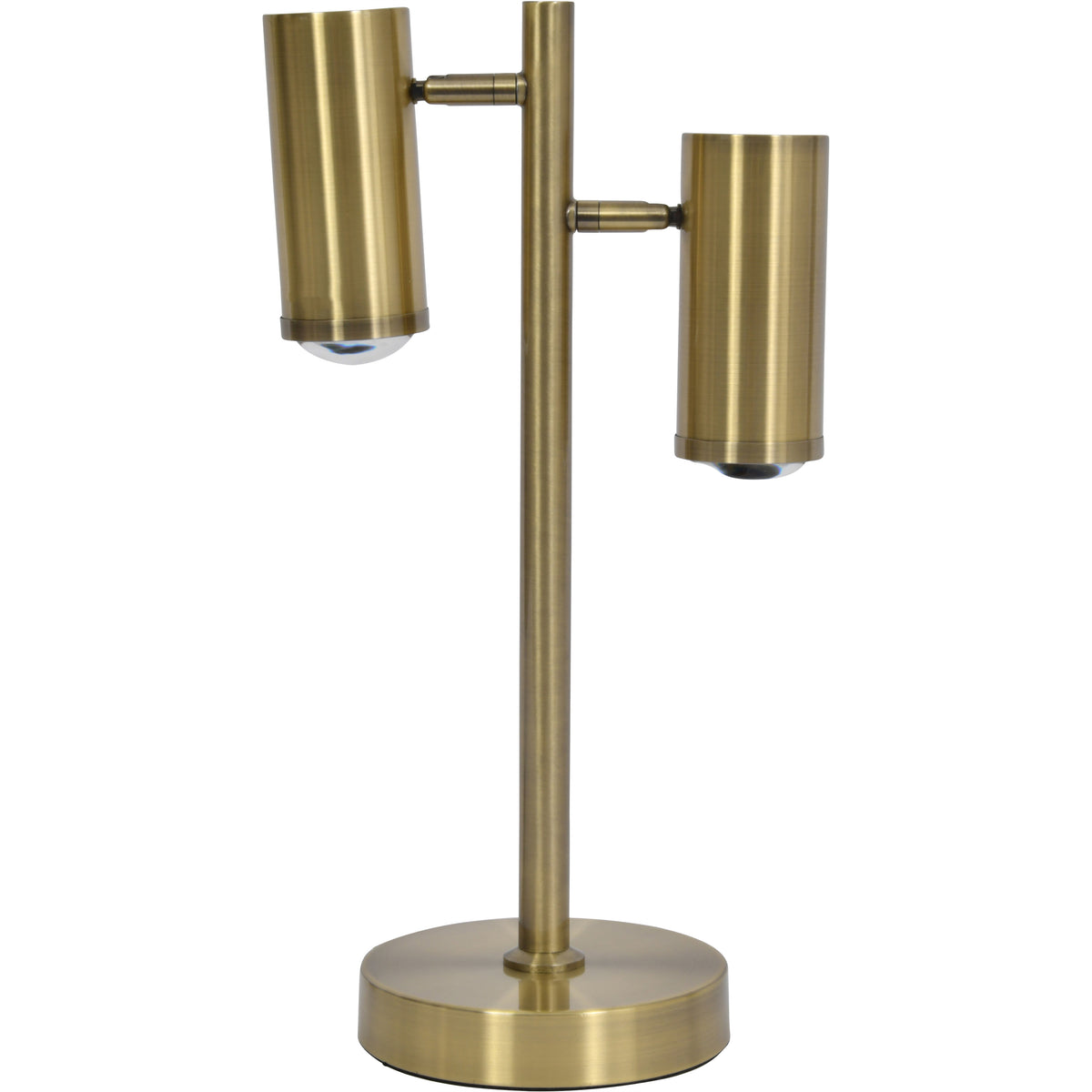 Offset Twin Desk Lamp with two cylindrical heads at different heights, visible lenses and a round base.