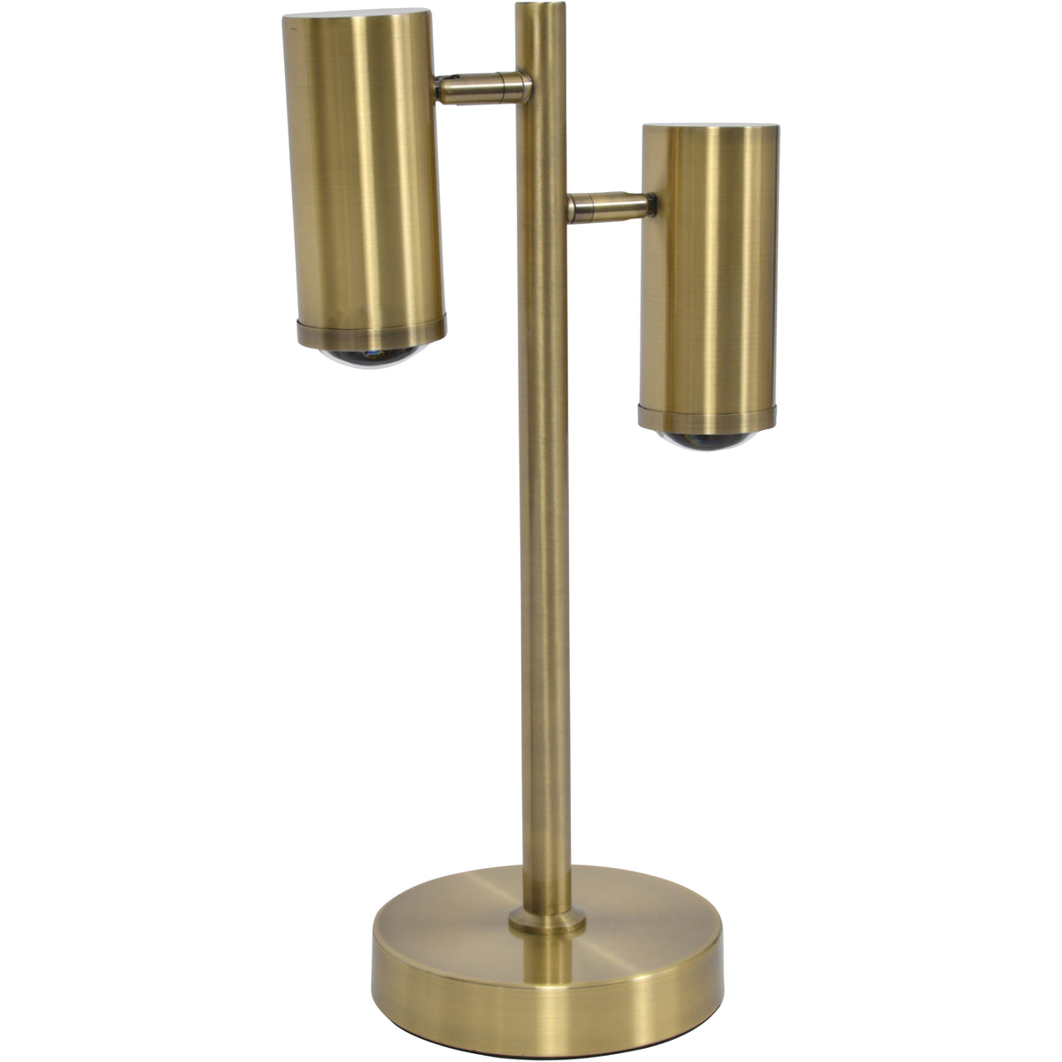 Slightly angled view of the twin desk lamp showing the offset spotlights on short arms beside the central upright.