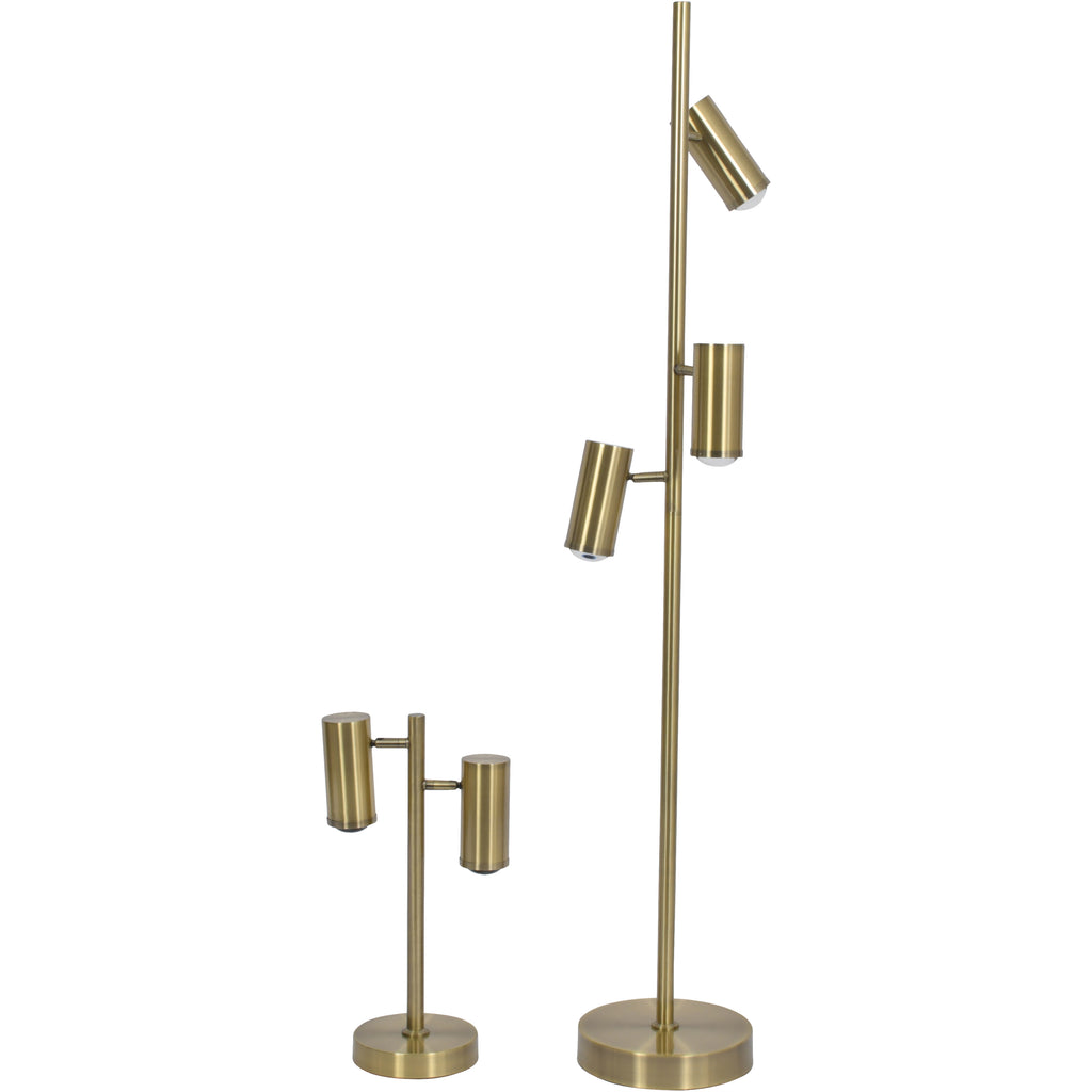 Twin desk lamp pictured beside a taller three-head lamp, both with cylindrical spotlights and round bases.