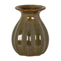 Glossy olive-sage vase on a white background, showing a rounded fluted body, narrowed neck and broad flared mouth with a brown rim.