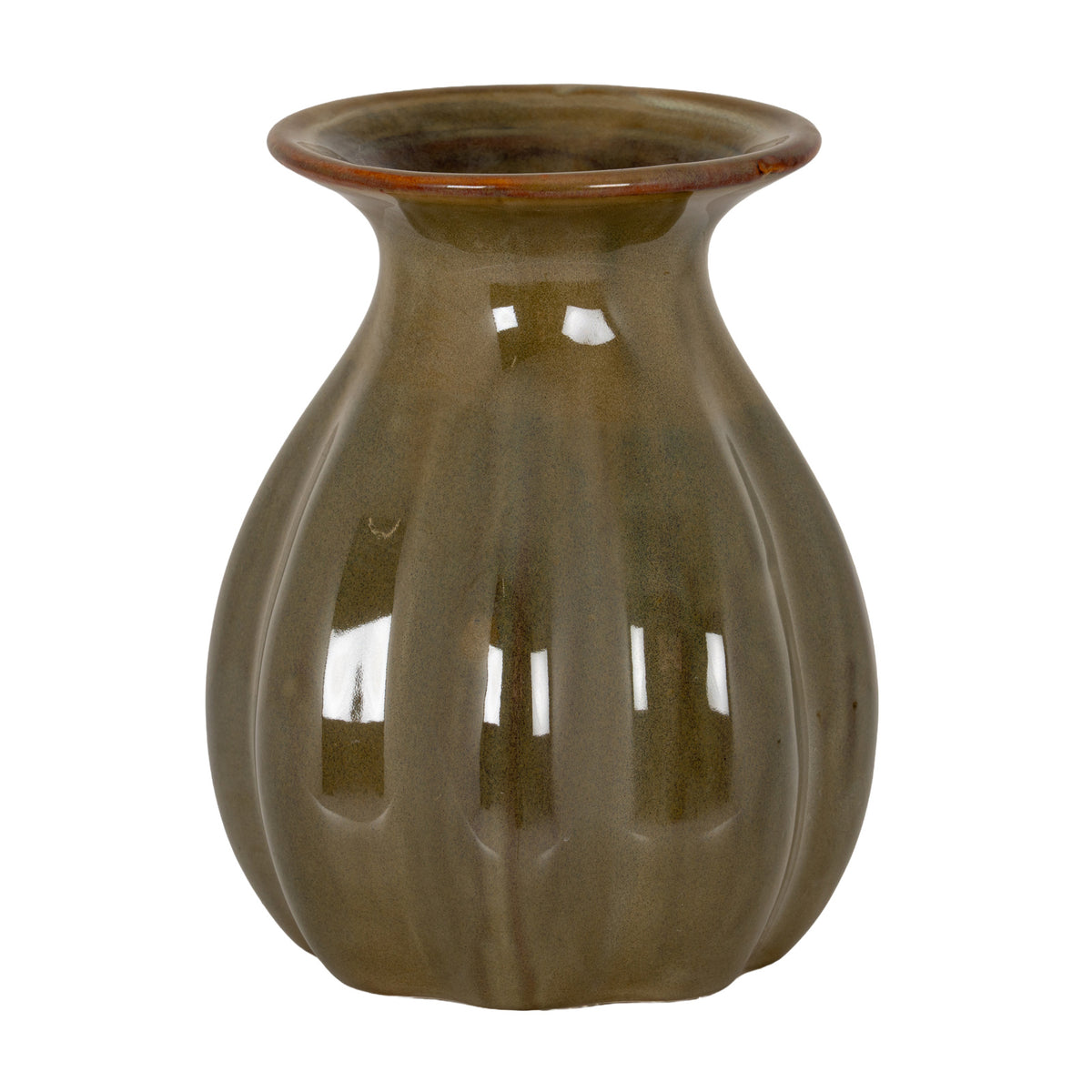 Glossy olive-sage vase on a white background, showing a rounded fluted body, narrowed neck and broad flared mouth with a brown rim.
