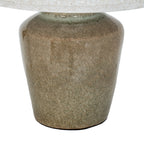 Close-up of the lamp's finely mottled olive and brown base, pale green-grey neck and cream shade edging.
