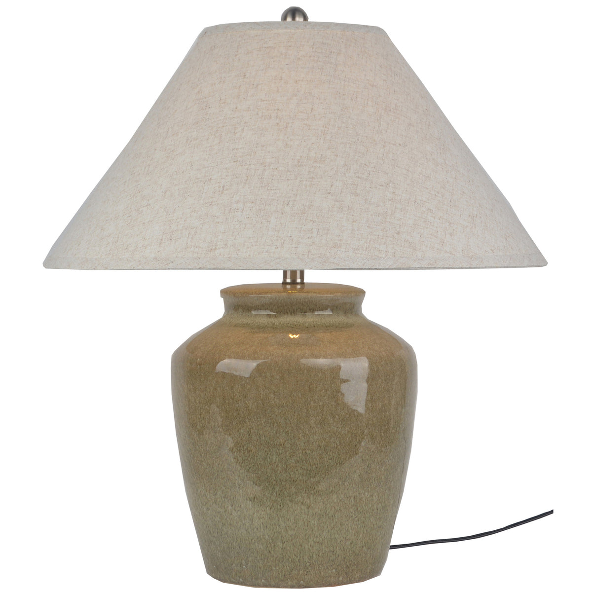 Full view of the lamp against white, showing its tapered cream shade, rounded glossy base and black cable extending to the right.