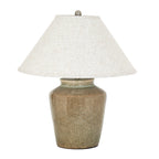 Olive Mottlejar Table Lamp on white, with a broad cream shade above a glossy mottled jar-shaped base.