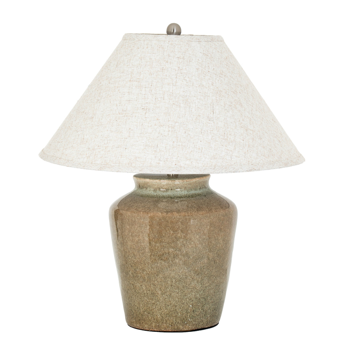Olive Mottlejar Table Lamp on white, with a broad cream shade above a glossy mottled jar-shaped base.