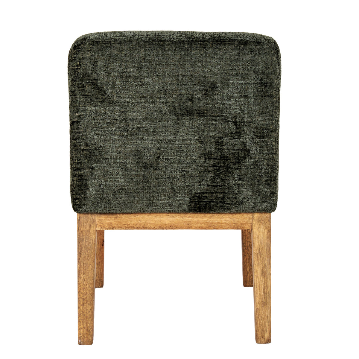 Rear view of the dining chair showing mottled olive upholstery across the rounded back above a warm brown horizontal rail and legs.