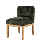 Three-quarter front view of an armless olive green dining chair with a rounded upholstered back, thick seat and four warm brown legs.