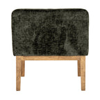 Rear view of the dining chair showing its broad olive upholstered back with rounded corners above a warm brown rail and legs.