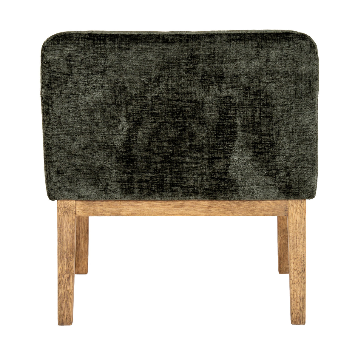 Rear view of the dining chair showing its broad olive upholstered back with rounded corners above a warm brown rail and legs.