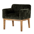 Three-quarter front view of the dark olive upholstered dining chair with rounded back, arms and four warm brown tapered legs.