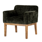 Three-quarter front view of the dark olive upholstered dining chair with rounded back, arms and four warm brown tapered legs.