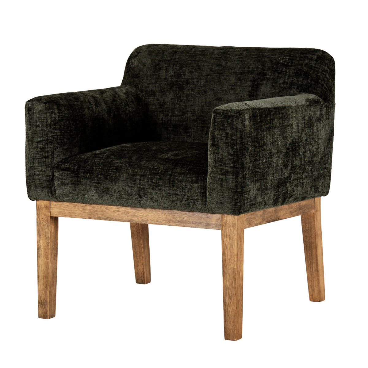 Three-quarter front view of the dark olive upholstered dining chair with rounded back, arms and four warm brown tapered legs.