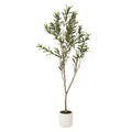 Full view of an artificial tree with a slim branching brown trunk, narrow green leaves and dark olive-like fruits in an off-white cylindrical pot.