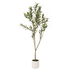 Full view of an artificial tree with a slim branching brown trunk, narrow green leaves and dark olive-like fruits in an off-white cylindrical pot.