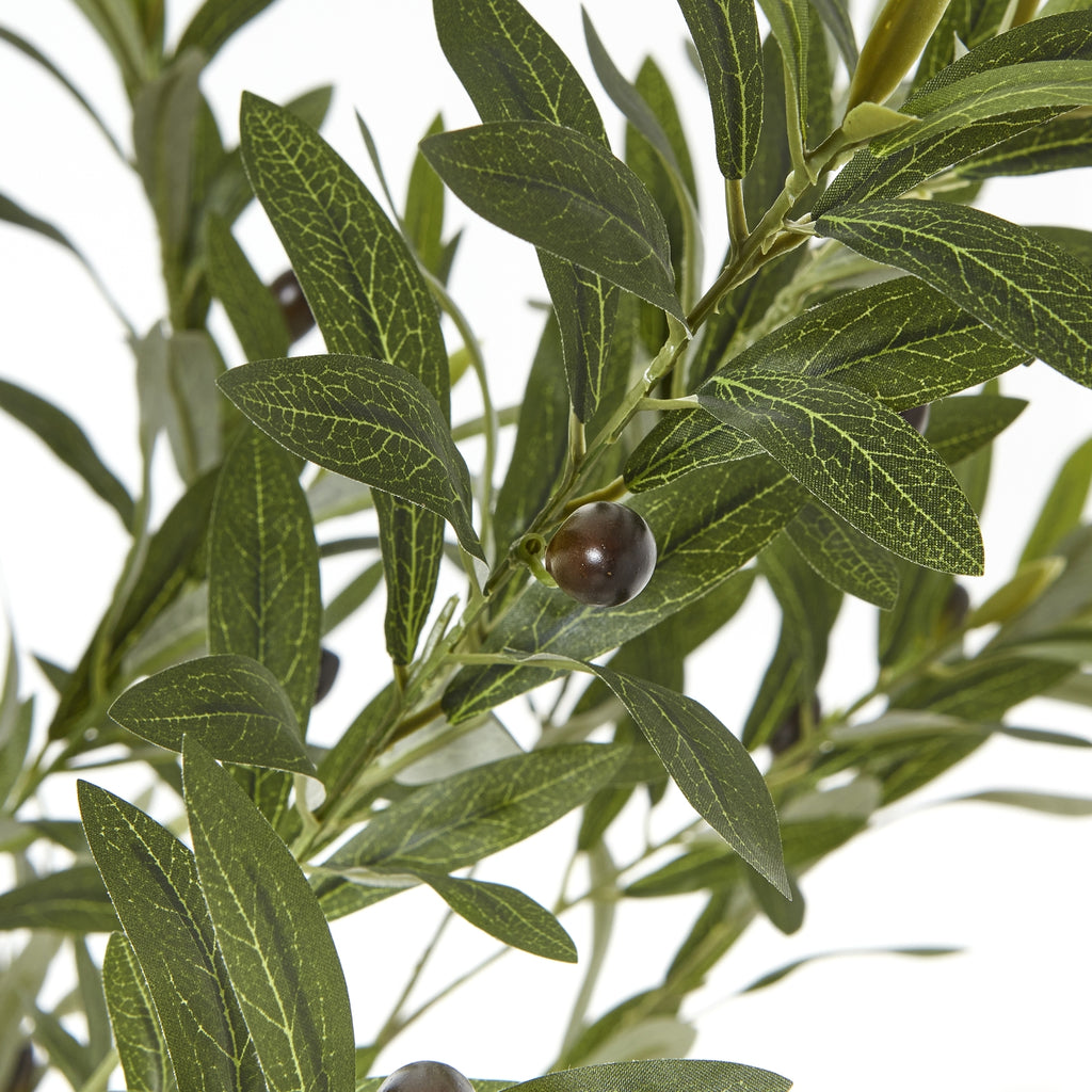Close-up of pointed green artificial leaves with pale vein markings and a dark olive-like fruit on a slender branch.