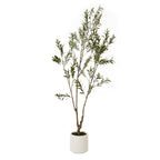 Full view of the Olivelike Crown artificial tree, with an open upright crown and gnarled brown trunk in a white cylindrical pot.