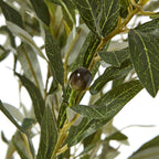 Close-up of a dark olive-like fruit among narrow artificial green leaves with pale vein markings.