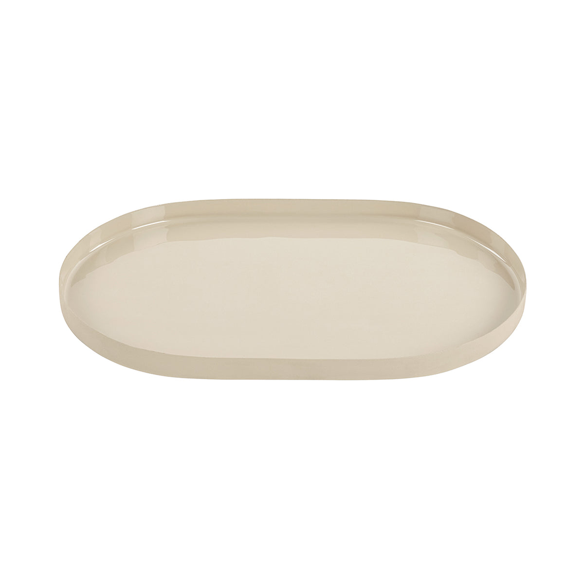 Cream tray viewed from the front at a shallow angle, showing gently squared sides and rounded ends.