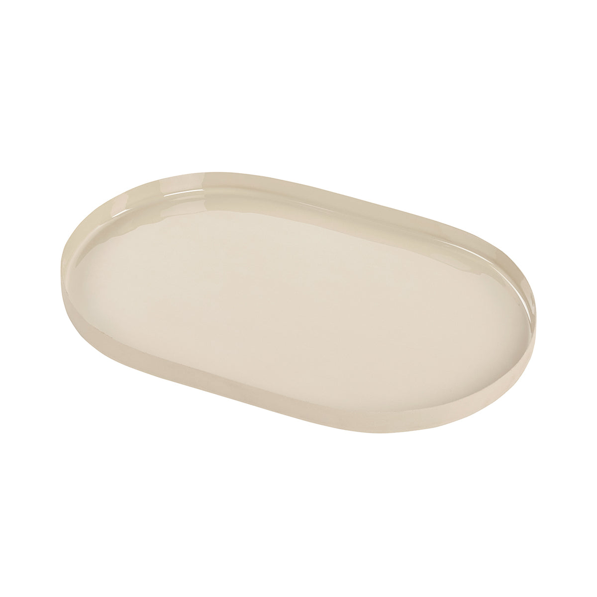 Warm cream oval tray viewed diagonally from above, showing its glossy interior and low raised rim.