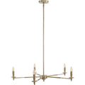 Antique brass chandelier on a white background, with a long central rod and five slender arms holding exposed candle-shaped bulbs.