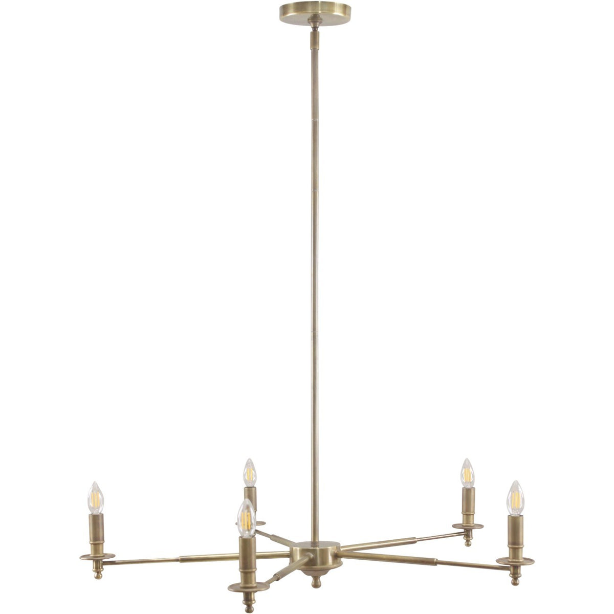 Antique brass chandelier on a white background, with a long central rod and five slender arms holding exposed candle-shaped bulbs.