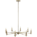 Antique brass eight-light chandelier with exposed candle-shaped bulbs, slender radiating arms and a long central hanging rod, shown against white.