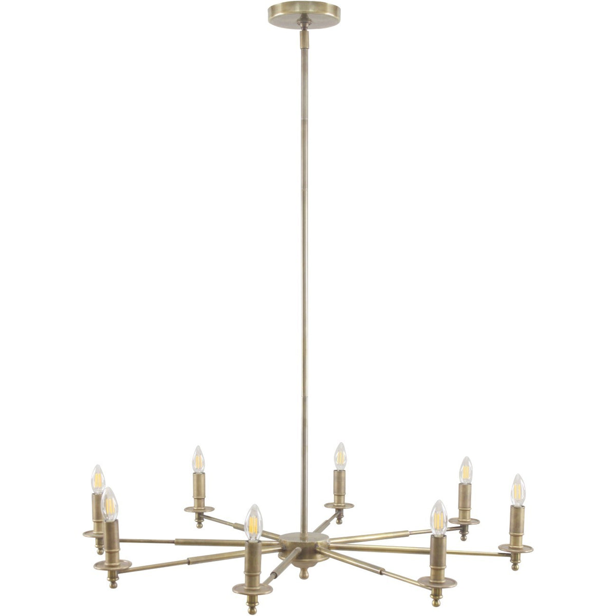 Antique brass eight-light chandelier with exposed candle-shaped bulbs, slender radiating arms and a long central hanging rod, shown against white.
