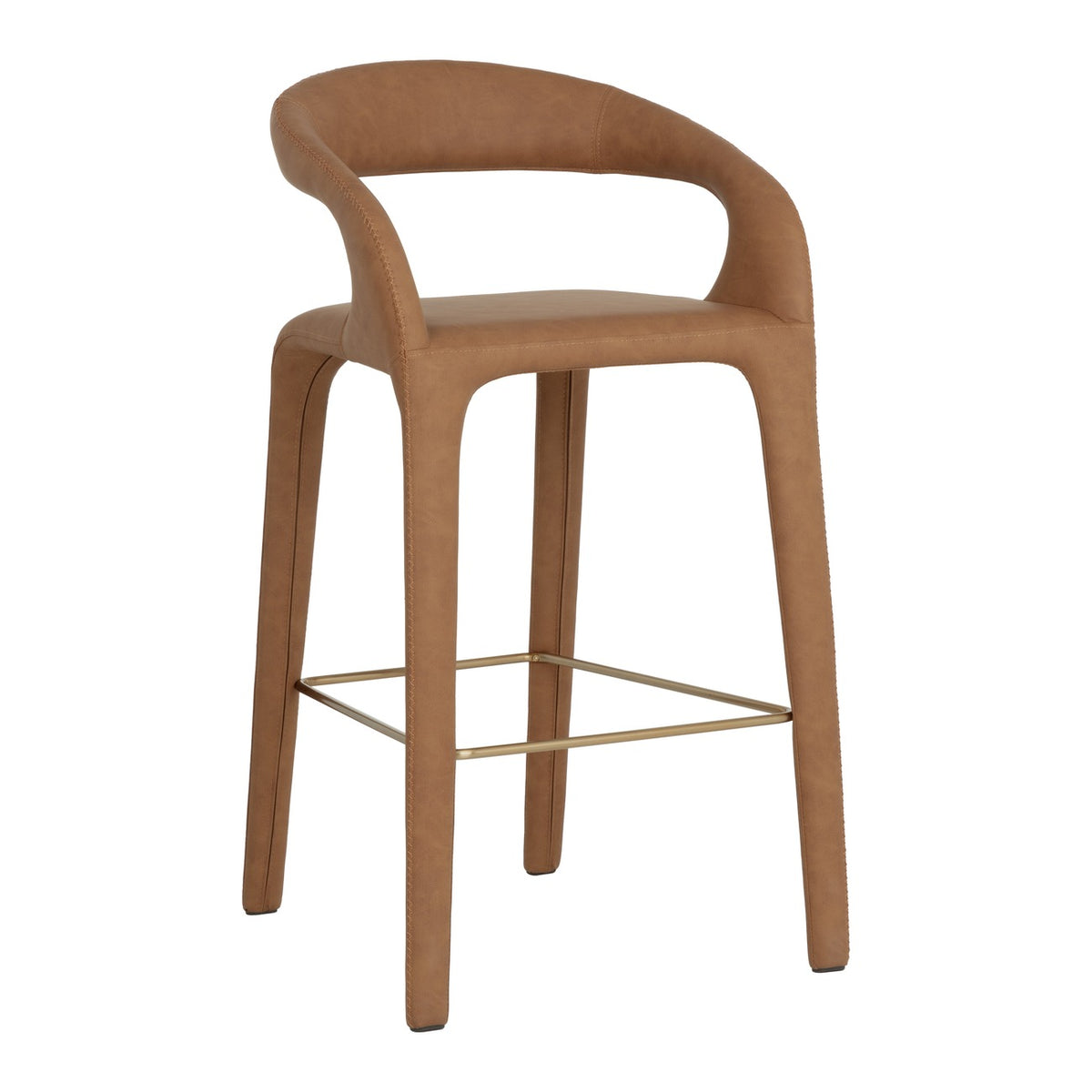 Three-quarter front view of a Cognac brown bar stool with a curved open back, upholstered legs and gold-toned foot rails on a white background.