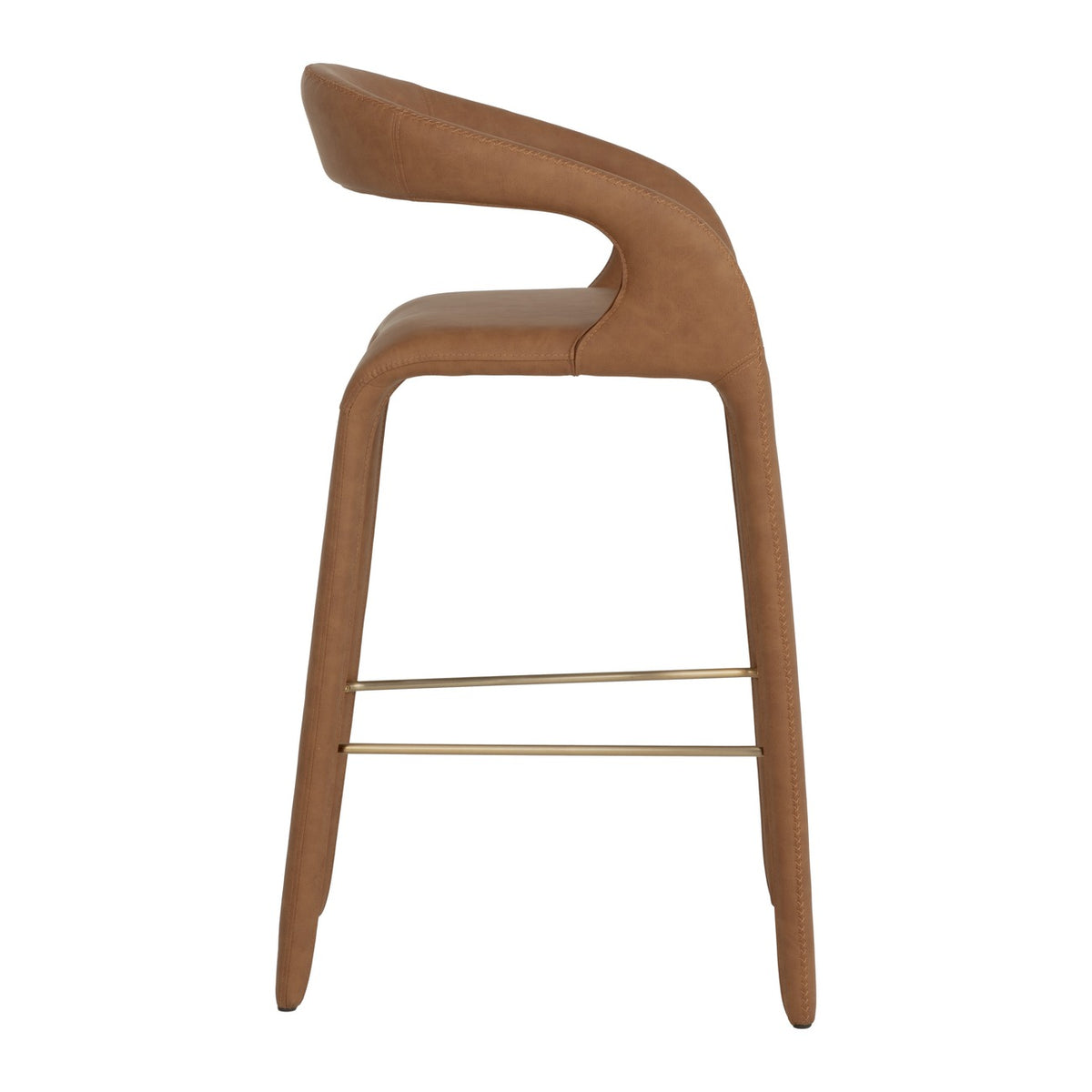 Side view of the Cognac brown bar stool showing the sweeping curved back, open gap above the seat and stitching along the upholstered legs.