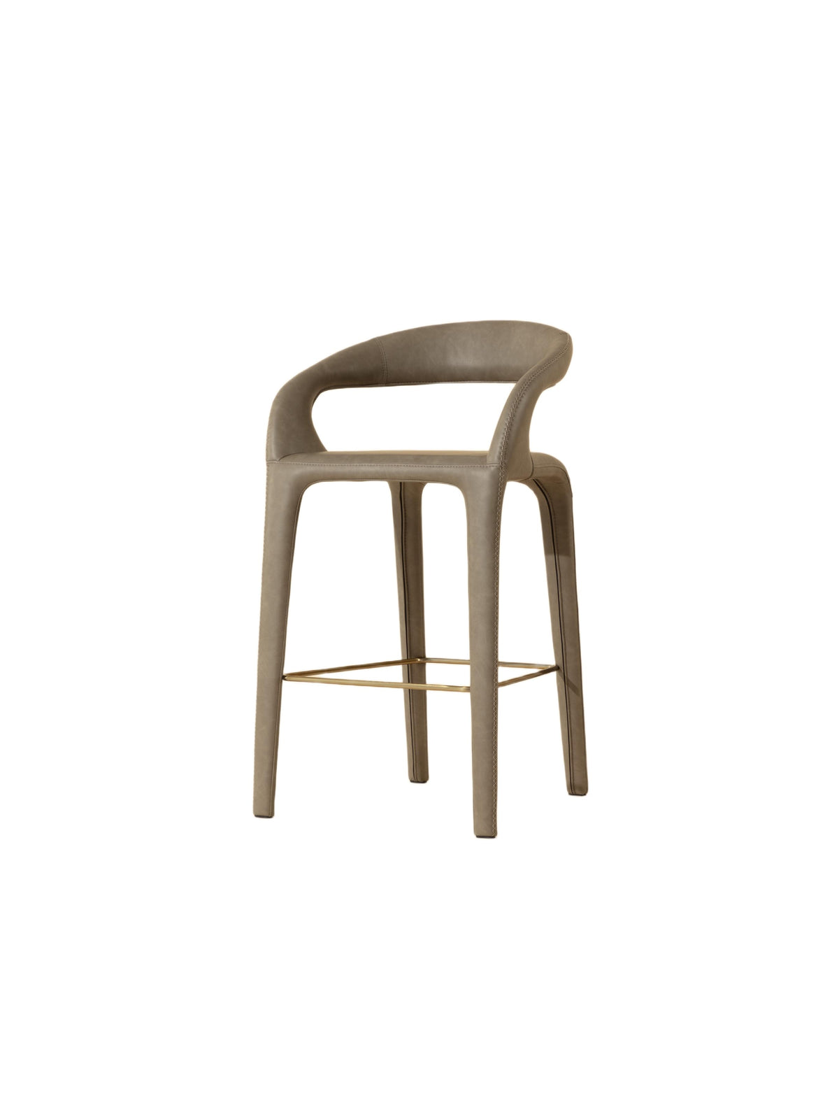 Three-quarter view of the Mineral bar stool on a white background, showing its curved open back, stitched upholstery, upholstered legs and gold-coloured stretchers and footrest.