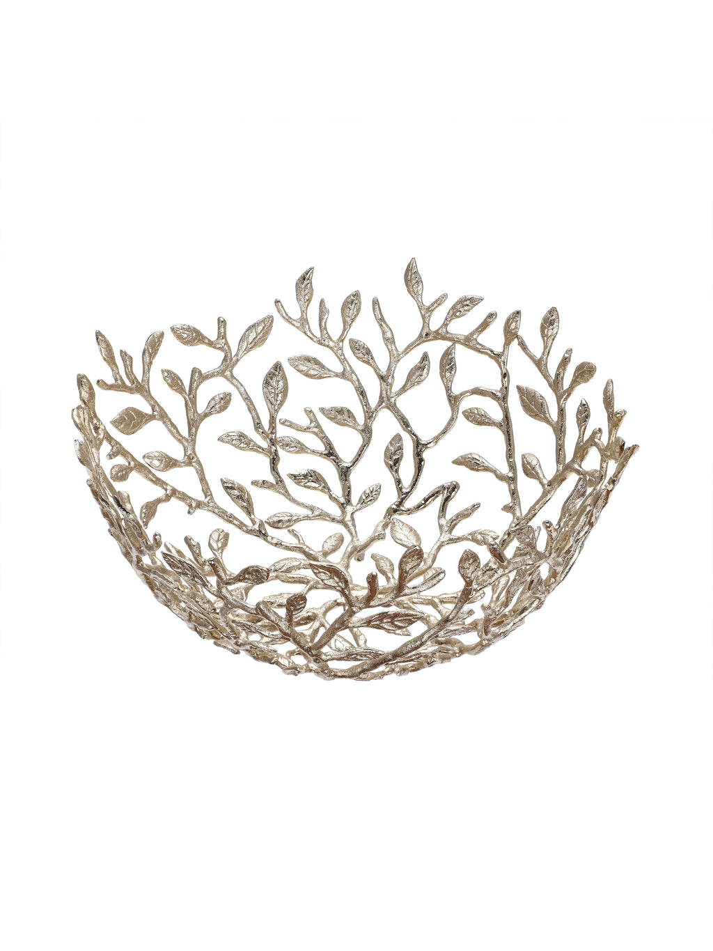Angled view into a champagne gold openwork bowl formed from branching stems and leaves on a white background.