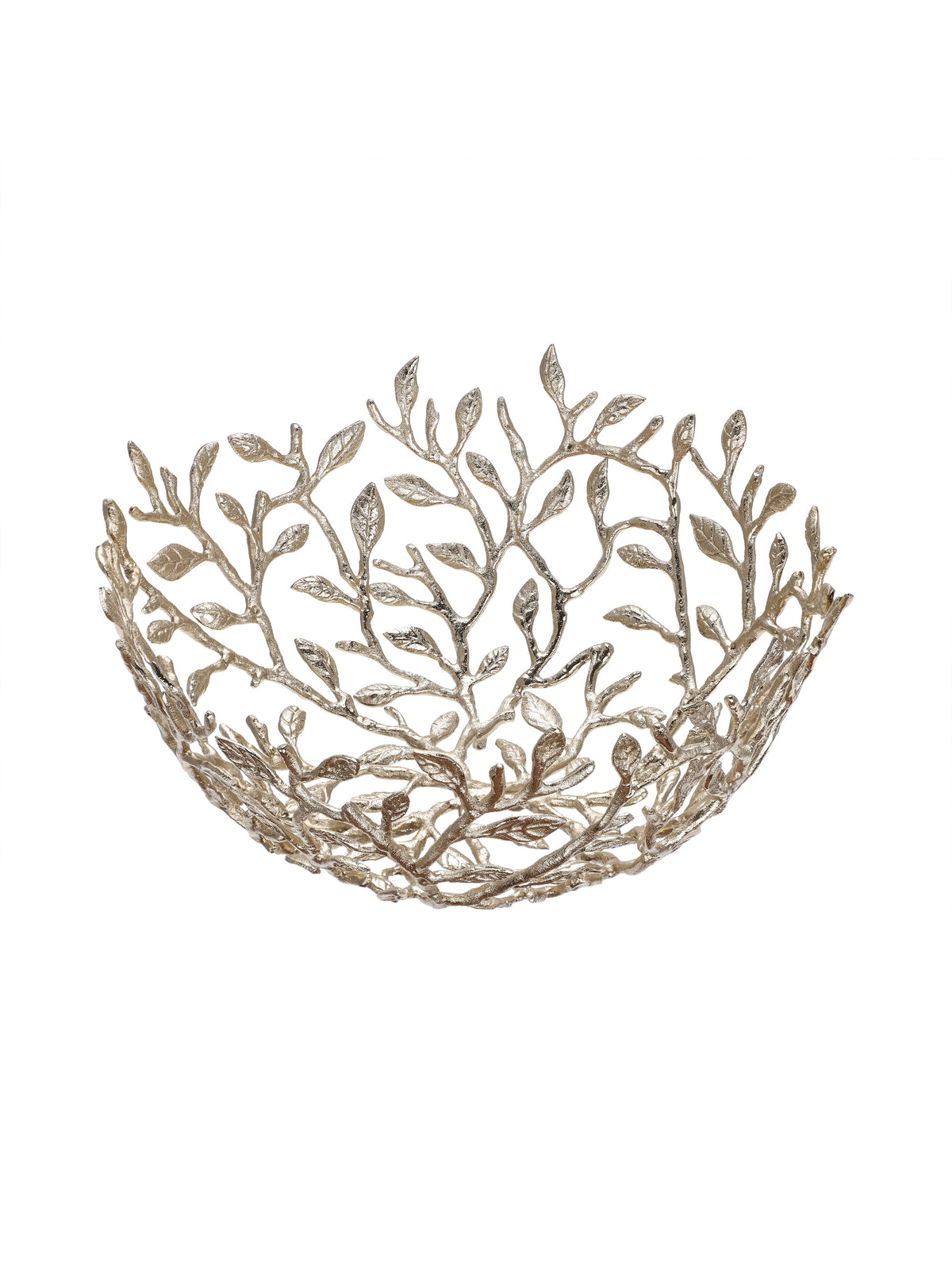 Angled view into a champagne gold openwork bowl formed from branching stems and leaves on a white background.