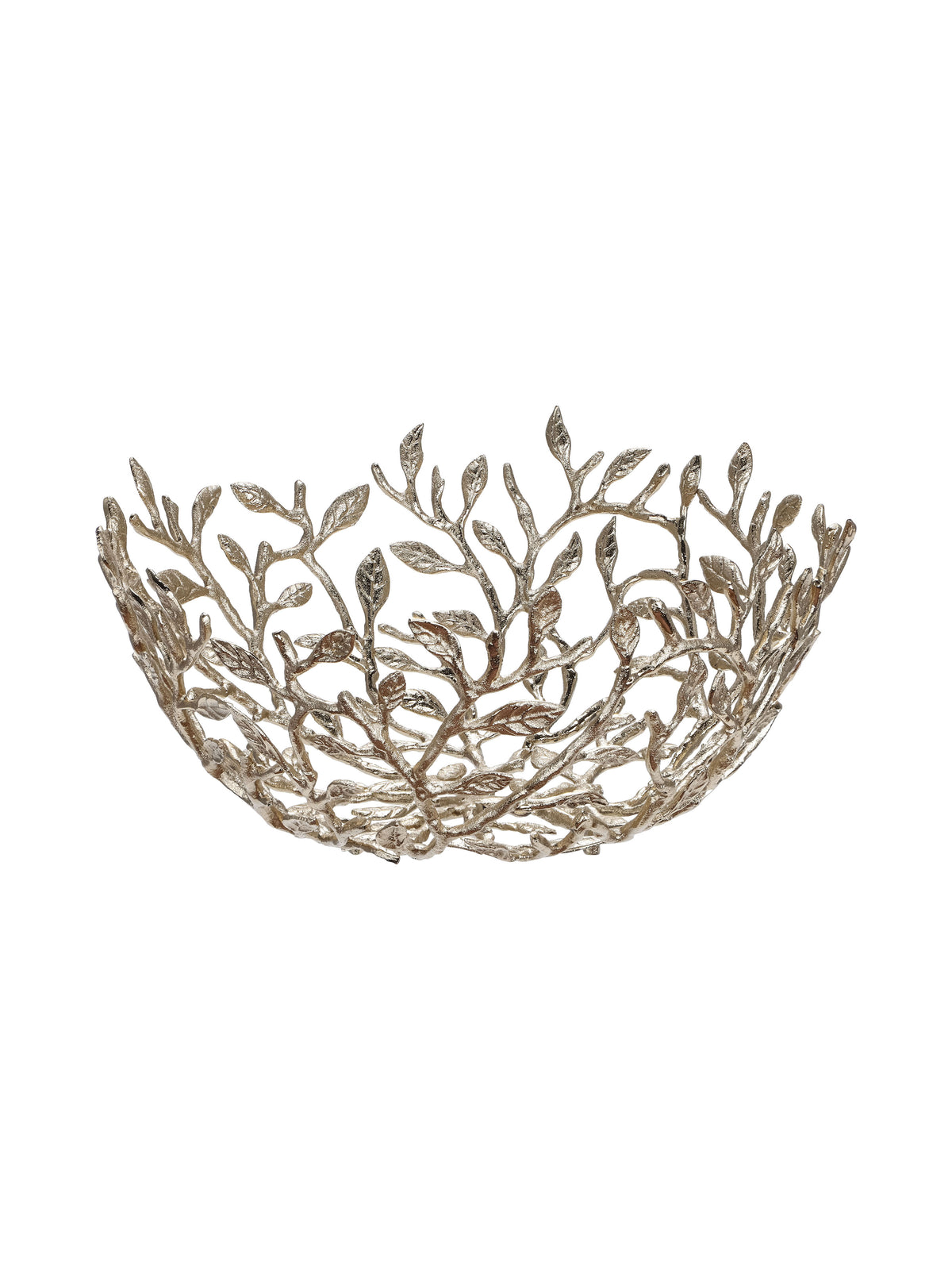 Side view of the open branch bowl showing its curved base and uneven leafy rim against white.