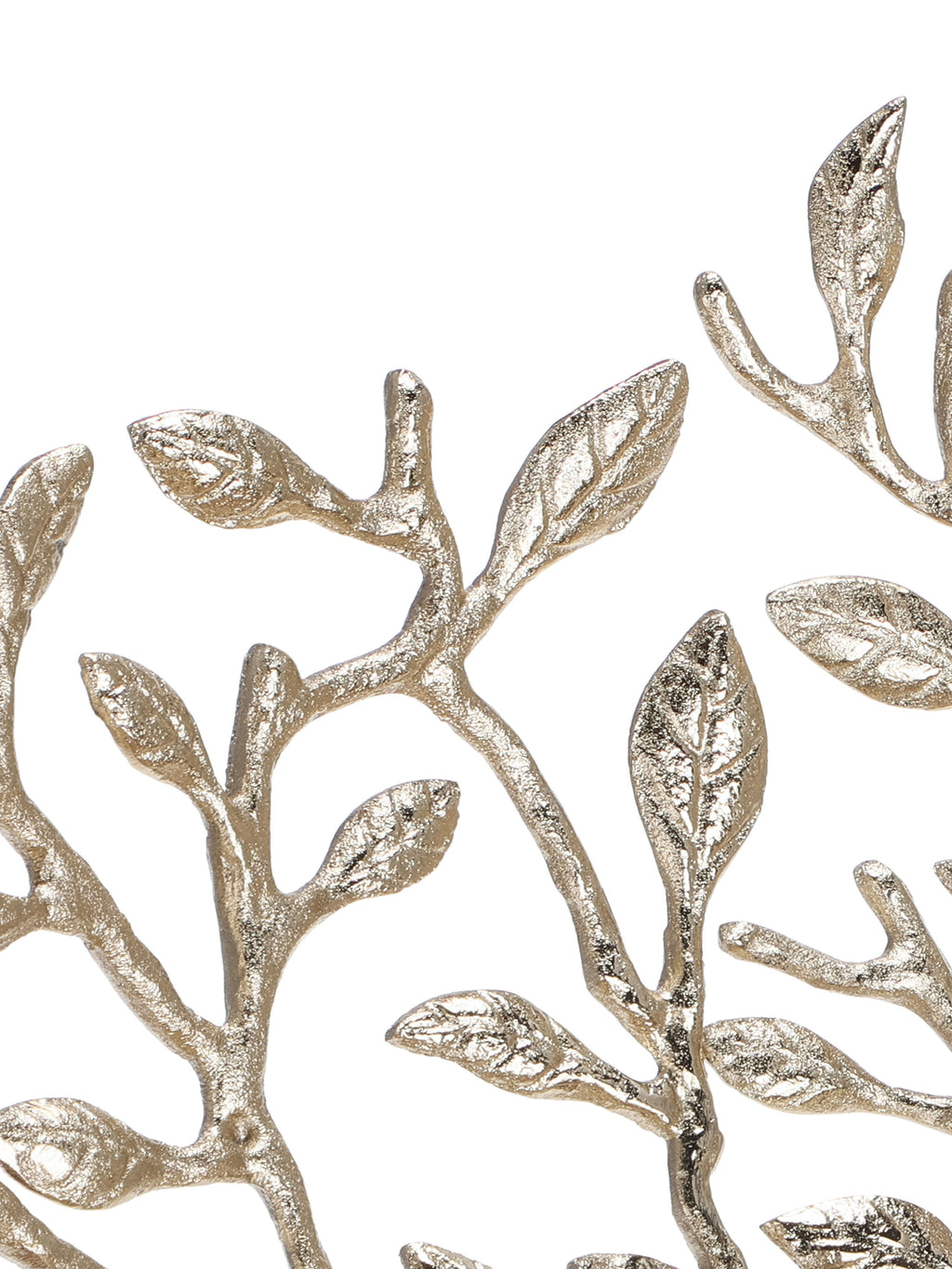 Close-up of textured gold-coloured branches and veined leaves with open spaces between them.