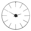 Front view of a black open circular wall clock with slender inward-facing hour markers and hands on a small central disc, against a white background.