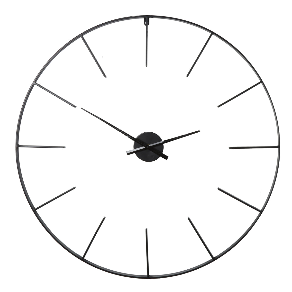 Front view of a black open circular wall clock with slender inward-facing hour markers and hands on a small central disc, against a white background.