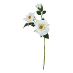 Full view of a long green artificial flower stem with two open cream blooms, a smaller cupped flower and dark serrated leaves.