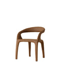 Three-quarter front view of a cognac dining armchair with a curved back flowing into armrests, an open gap above the seat and four upholstered legs on a white background.