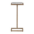 Side table on a white background, with a pale grey-veined rectangular marble top, gold-toned metal surround, single upright and open rectangular base.