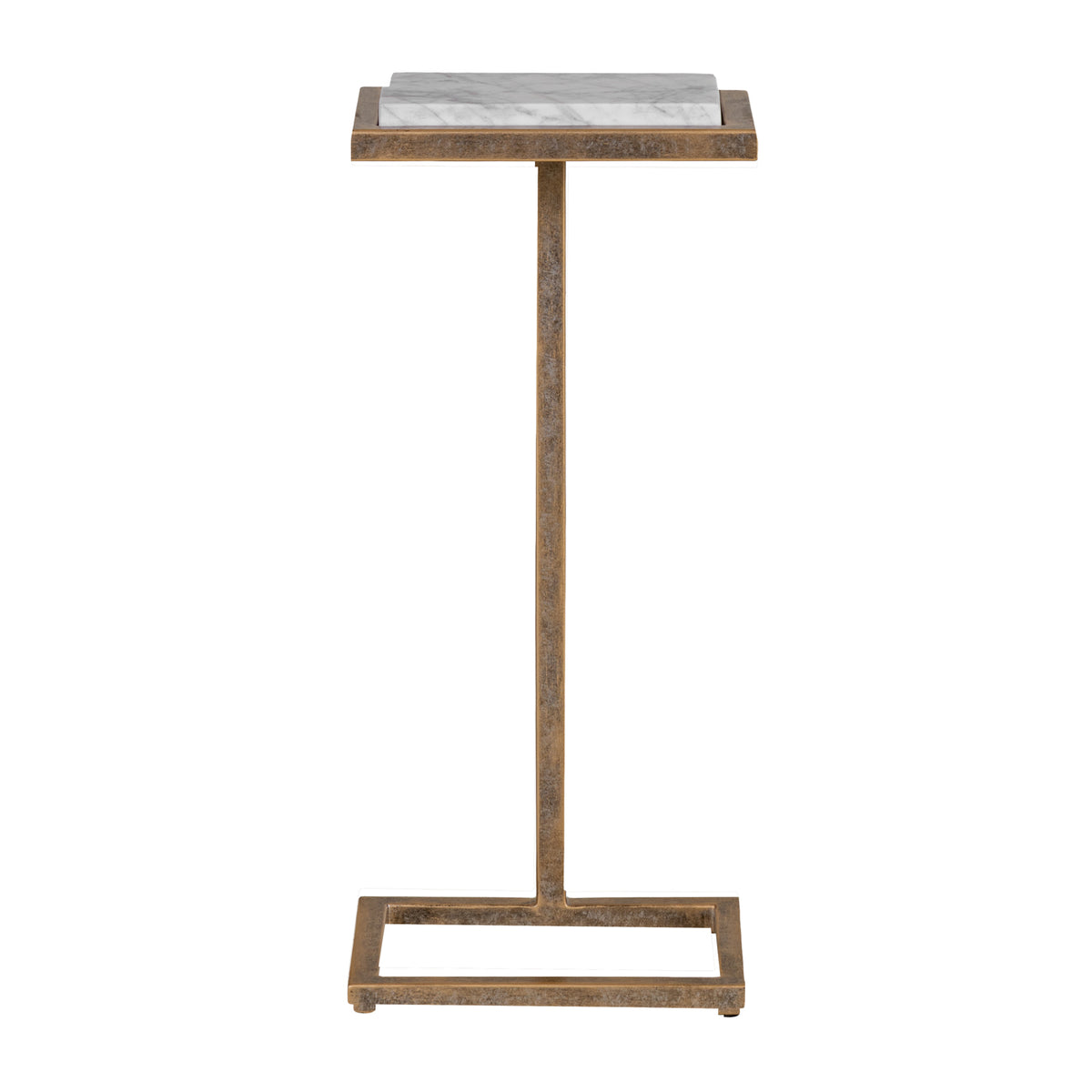 Side table on a white background, with a pale grey-veined rectangular marble top, gold-toned metal surround, single upright and open rectangular base.