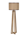 Full-length view of a light wood floor lamp with a tall open frame and a broad beige woven drum shade with dark edging, on a white background.