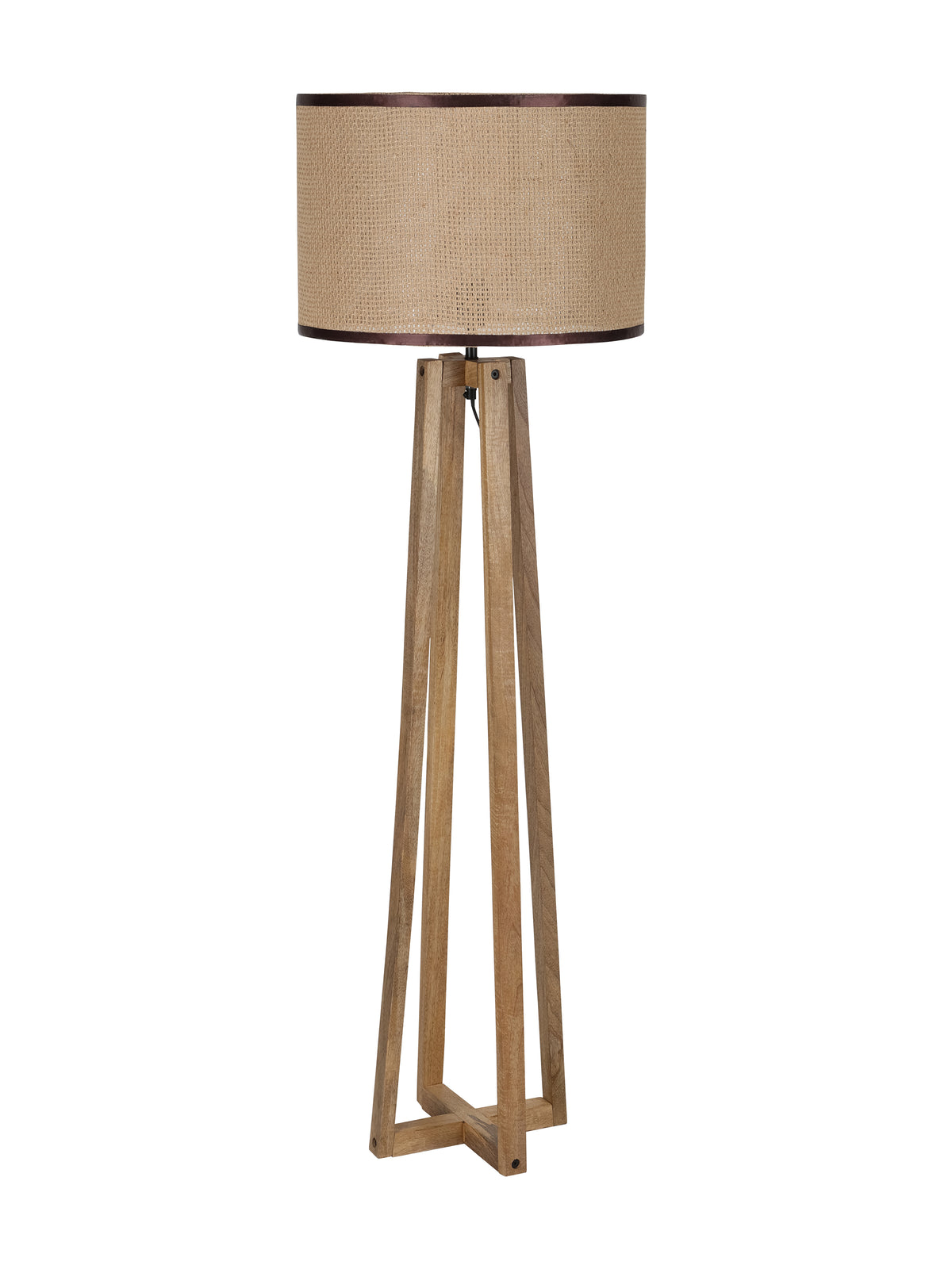 Full-length view of a light wood floor lamp with a tall open frame and a broad beige woven drum shade with dark edging, on a white background.