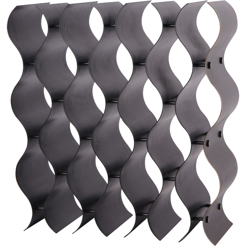Angled view of the empty bronze-coloured wine rack, showing broad wavy iron bands and connecting rods.