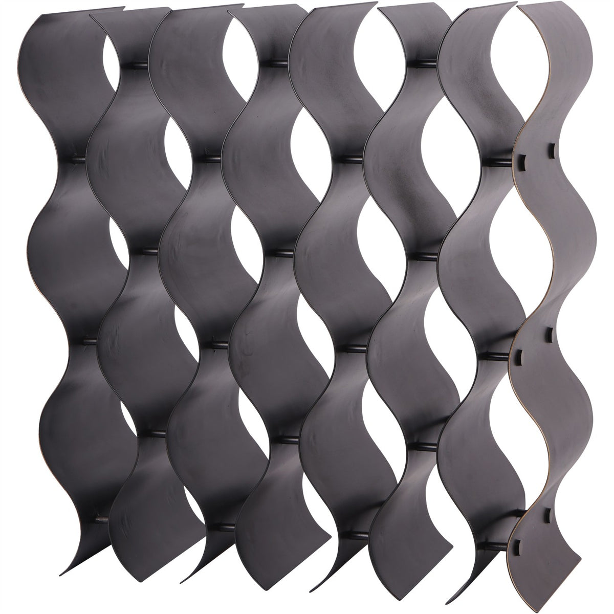 Angled view of the empty bronze-coloured wine rack, showing broad wavy iron bands and connecting rods.