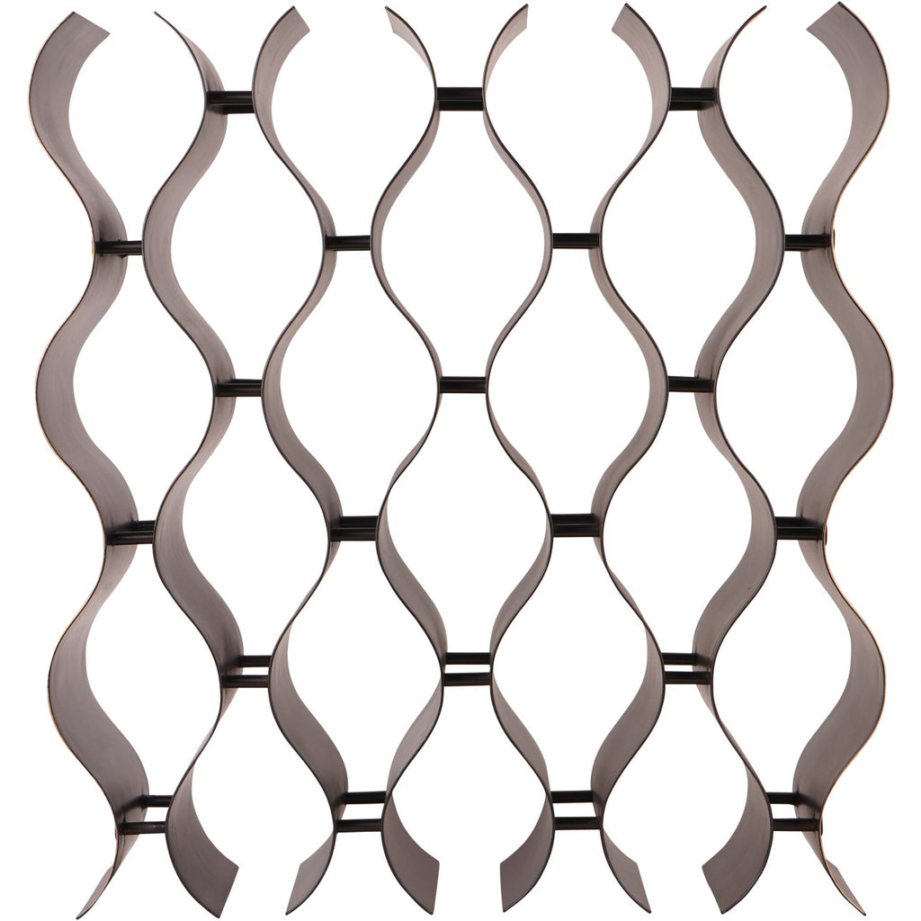 Straight-on view of the empty wine rack with repeating curved bottle openings against a white background.