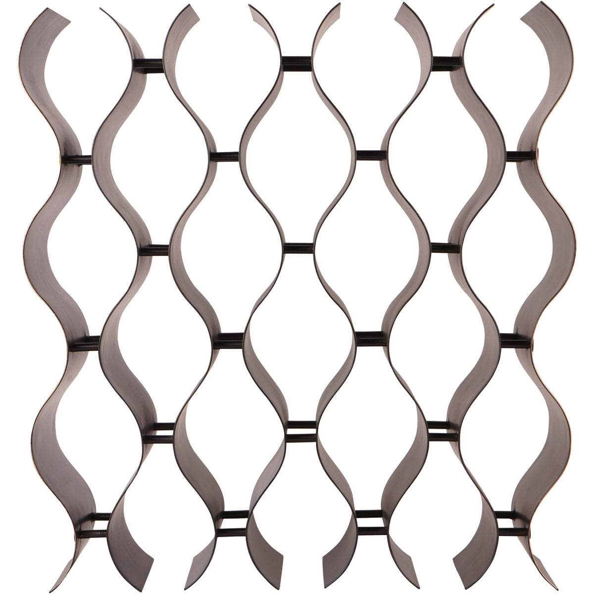 Straight-on view of the empty wine rack with repeating curved bottle openings against a white background.