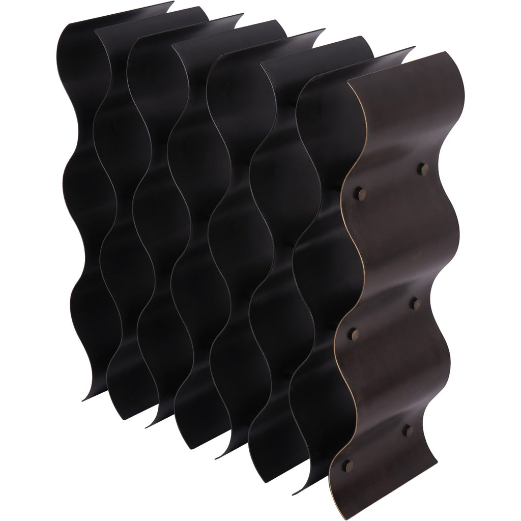 Side angle of the dark iron wine rack showing the depth of the curved bands and round connector ends.